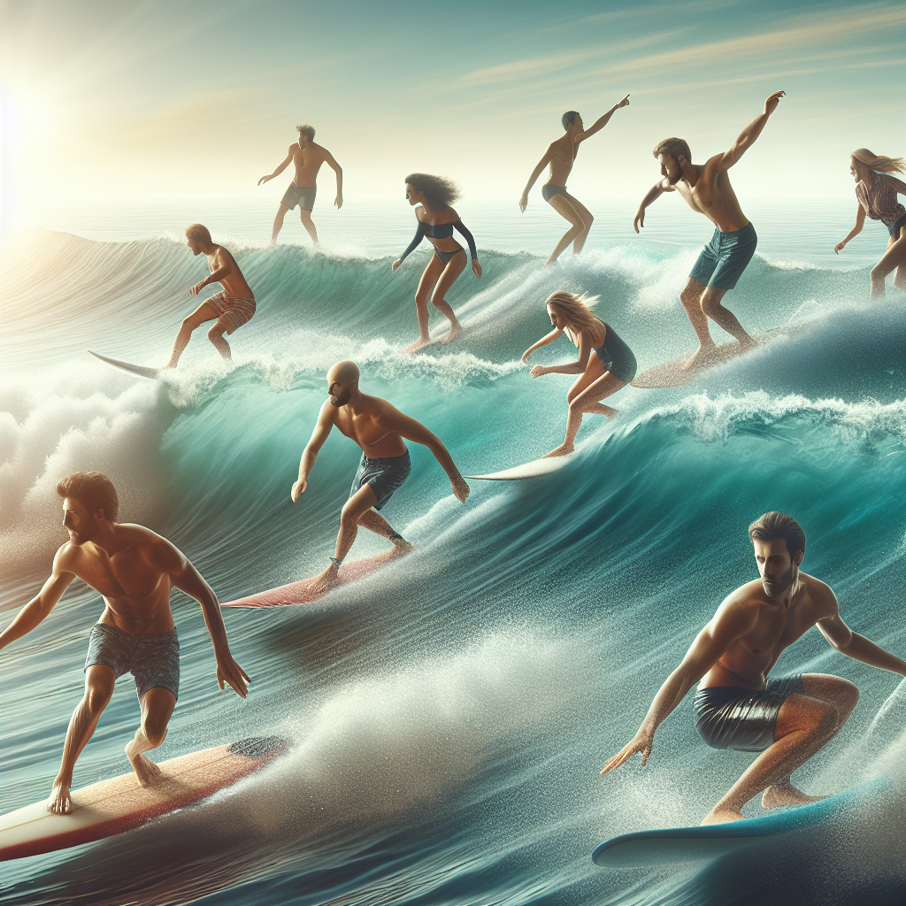 Realistic stock image of surfers riding waves