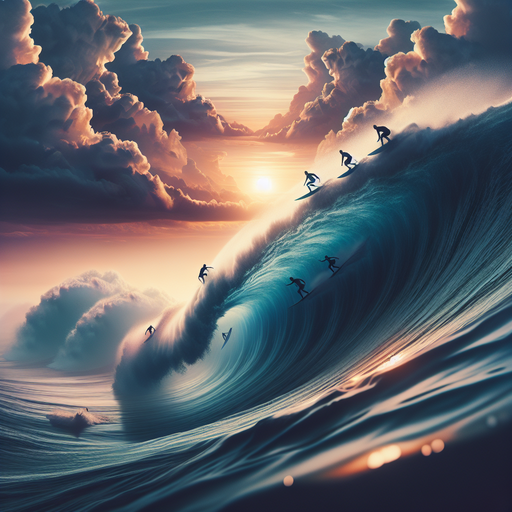 Realistic stock image of surfers riding waves
