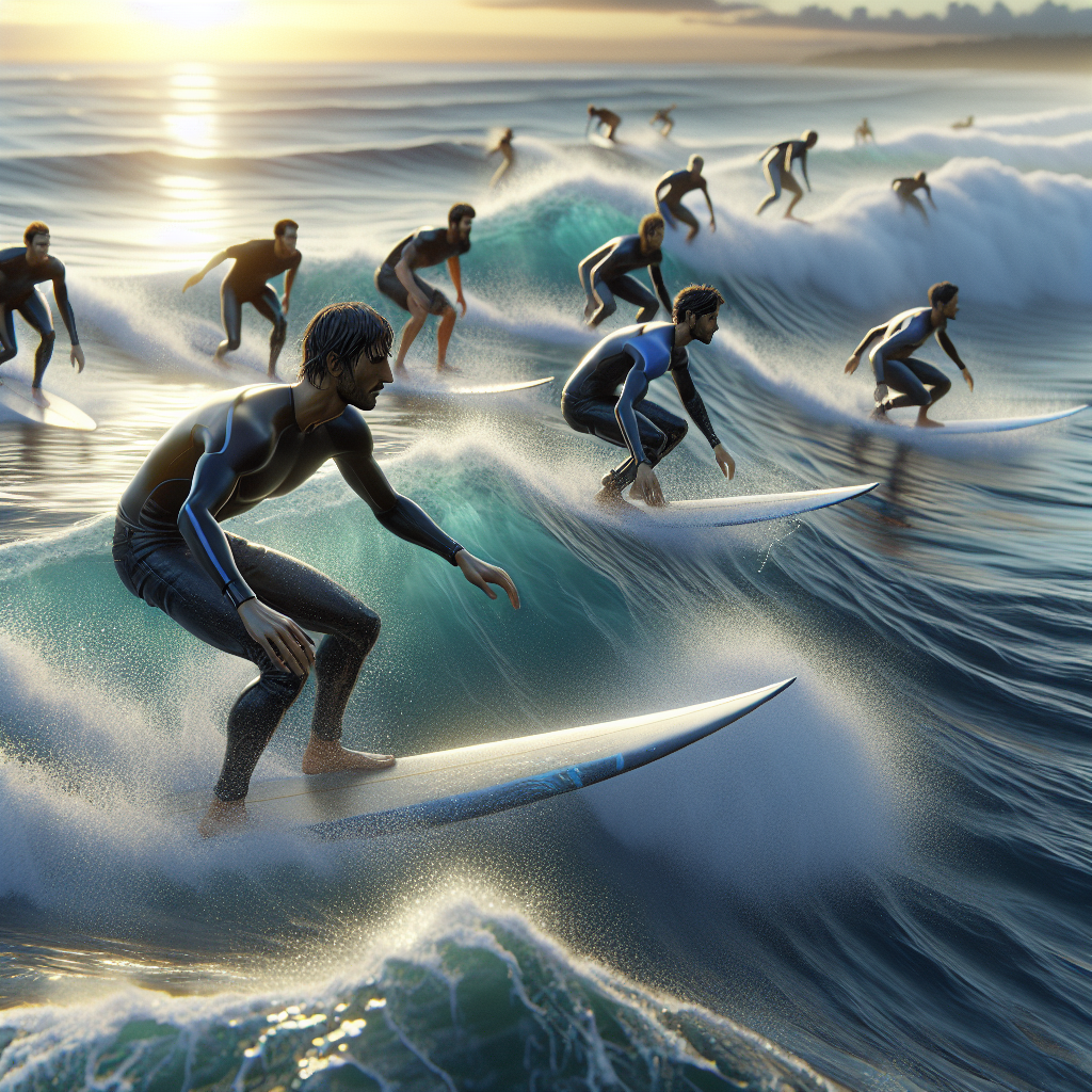 Realistic stock image of surfers riding waves